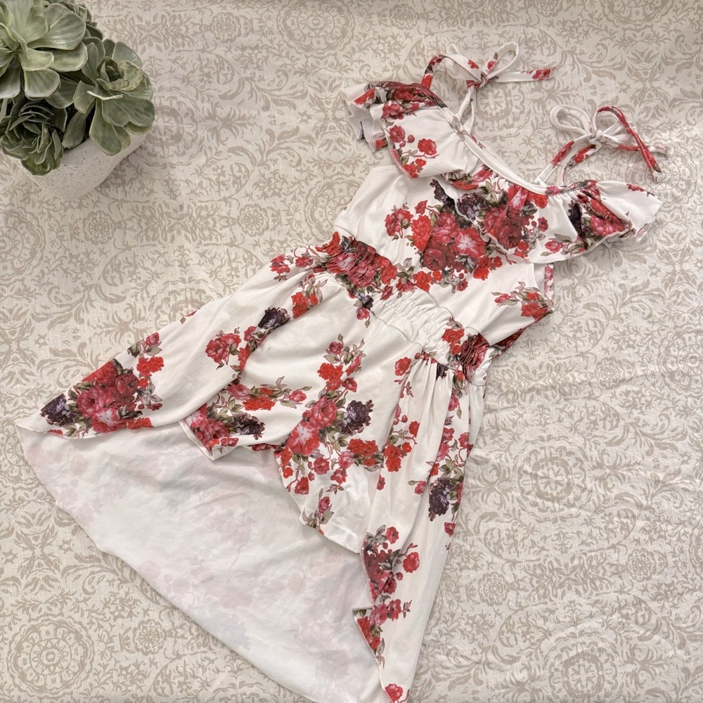 Mia Belle Girls Red and white Floral Romper Dress